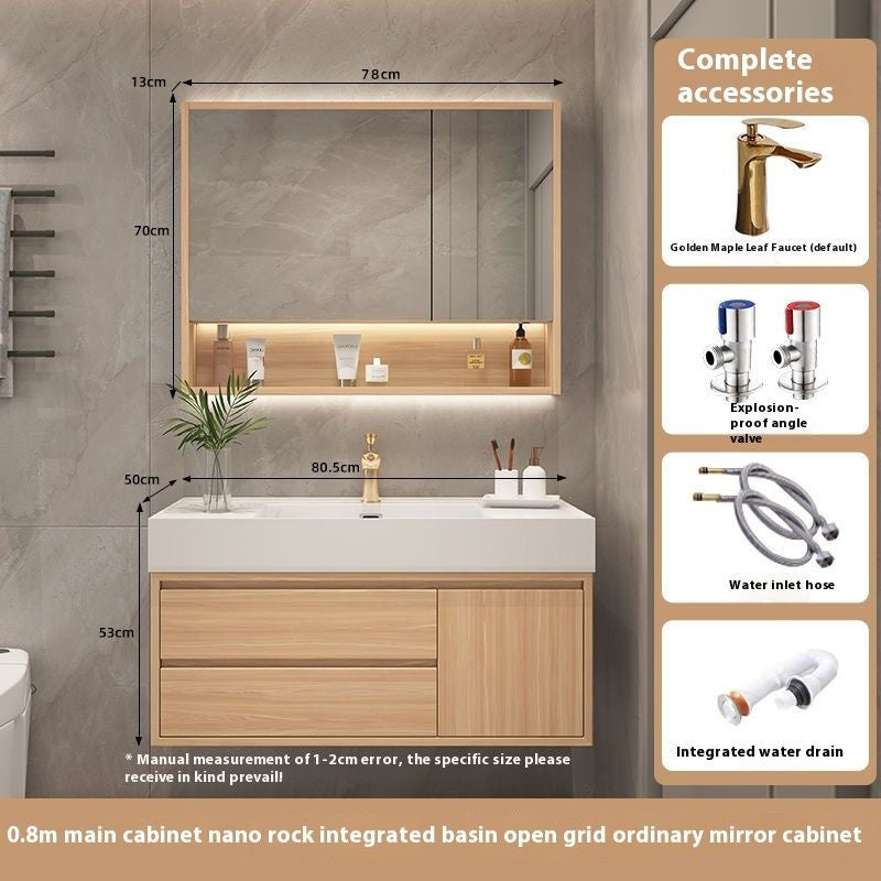 Set Singki Kabinet Penyimpanan Bilik Mandi Cermin Kayu Padu Pintar QW- 