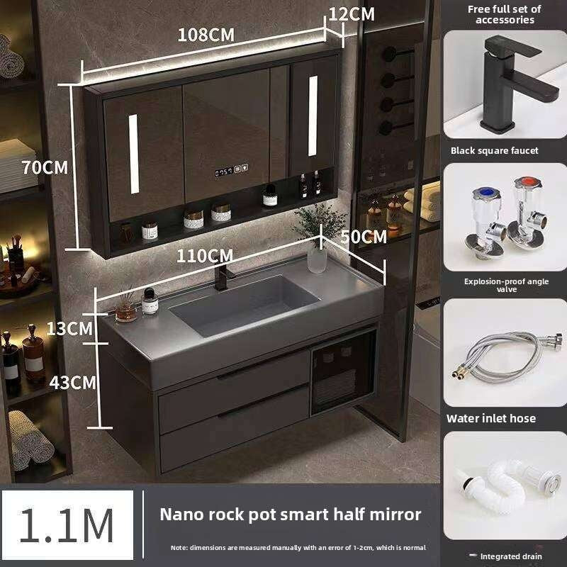 Set Kabinet Penyimpanan Kayu Asli QW- Cermin Pintar di Sinki Bilik Mandi 
