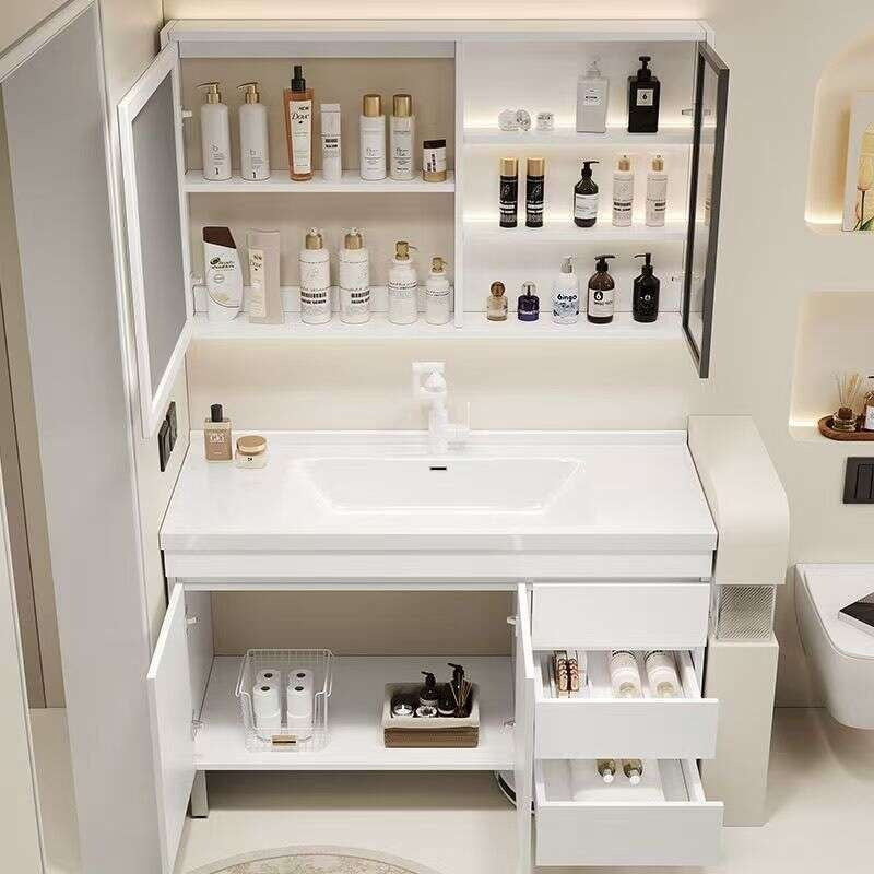 Set Singki Kabinet Cermin Pintar Penyimpanan Kayu Asli QW- di Bilik Mandi 
