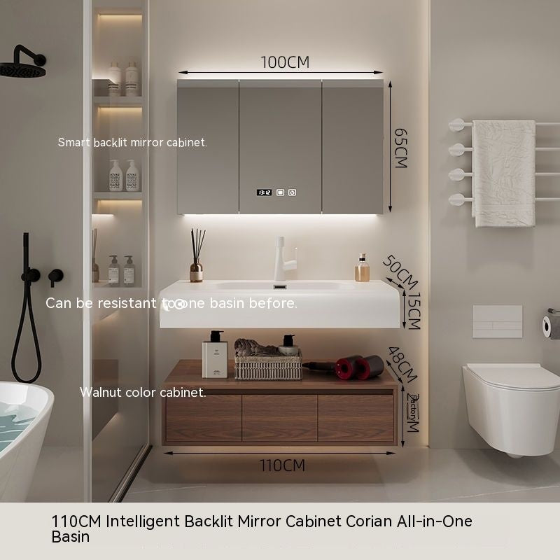 QW- Smart Mirror from Walnut Wood with Integrated Washbasin and Bathroom Storage Cabinet