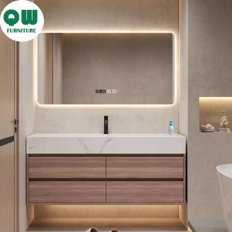 QW- Storan berkualiti tinggi diperbuat daripada kayu asli untuk kabinet cermin pintar di bilik mandi, sinki bilik mandi. 