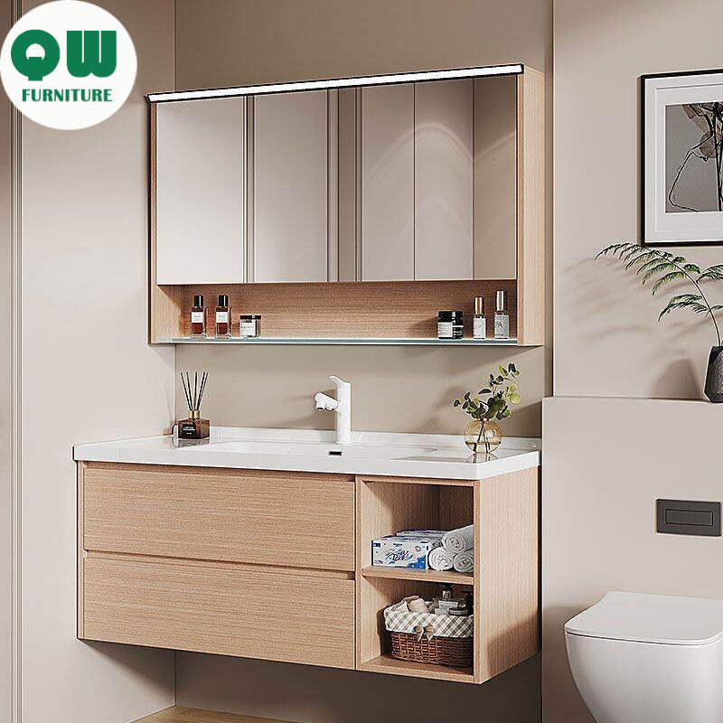 Set Singki Bilik Mandi Kabinet Cermin Pintar Penyimpanan Kayu Padu QW- 