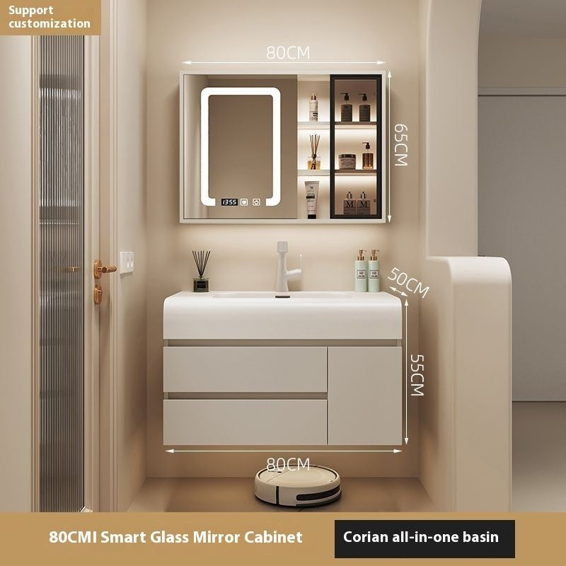 QW- Cream Color Storage Smart Glass Cabinet Bathroom Stone Basin