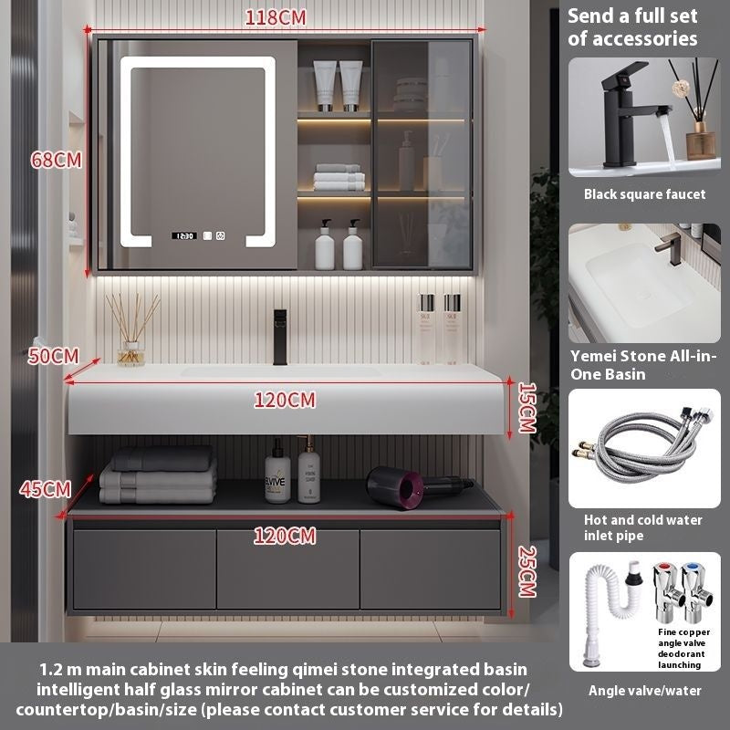 QW- Solid Wood Storage Smart Mirror Cabinet Bathroom Hand Washing Stone