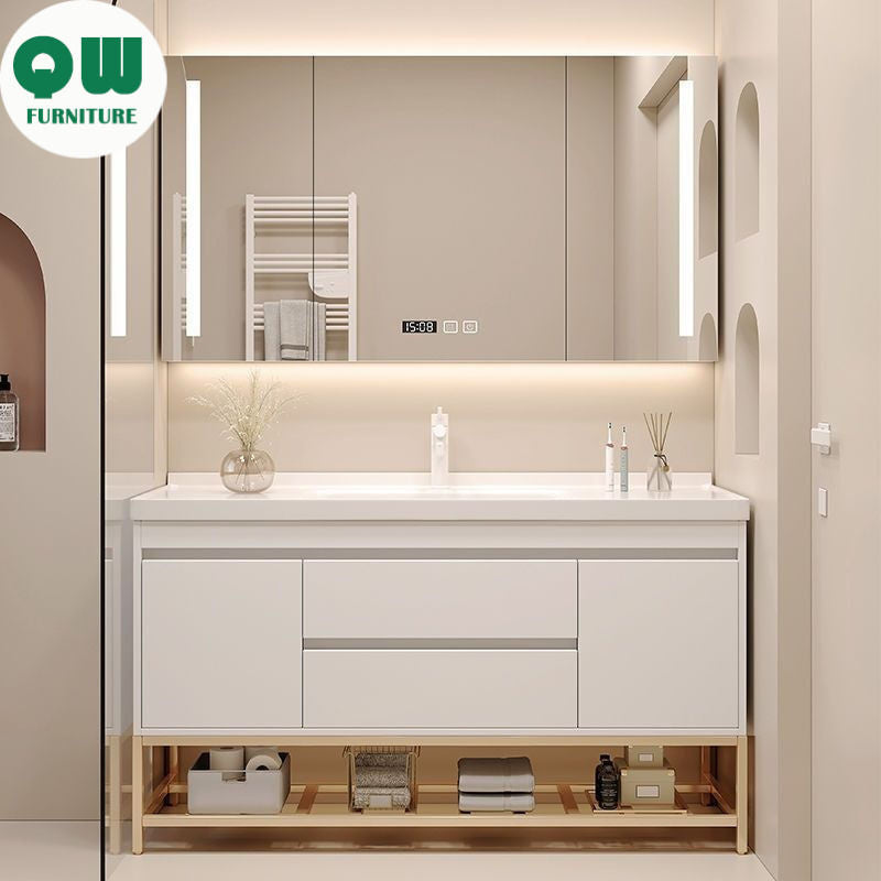 Set Singki Bilik Mandi Kabinet Cermin Pintar Penyimpanan QW- Gaya Krim 