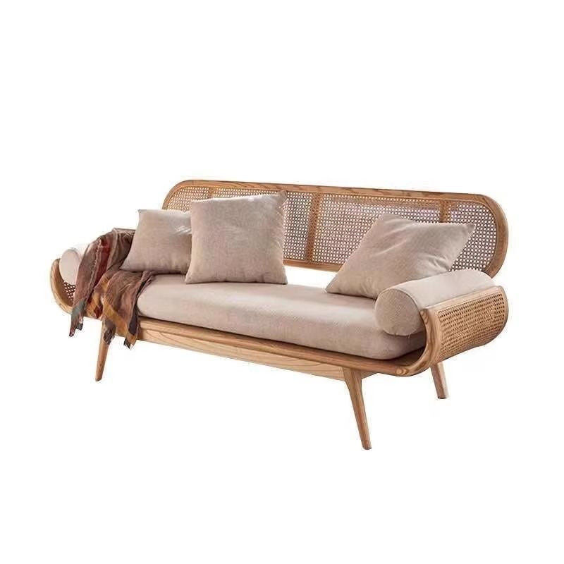 Solid Wood Rattan Woven French Lazy Sofa Living Room Bedroom Balcony Lounge Three-Person Chair