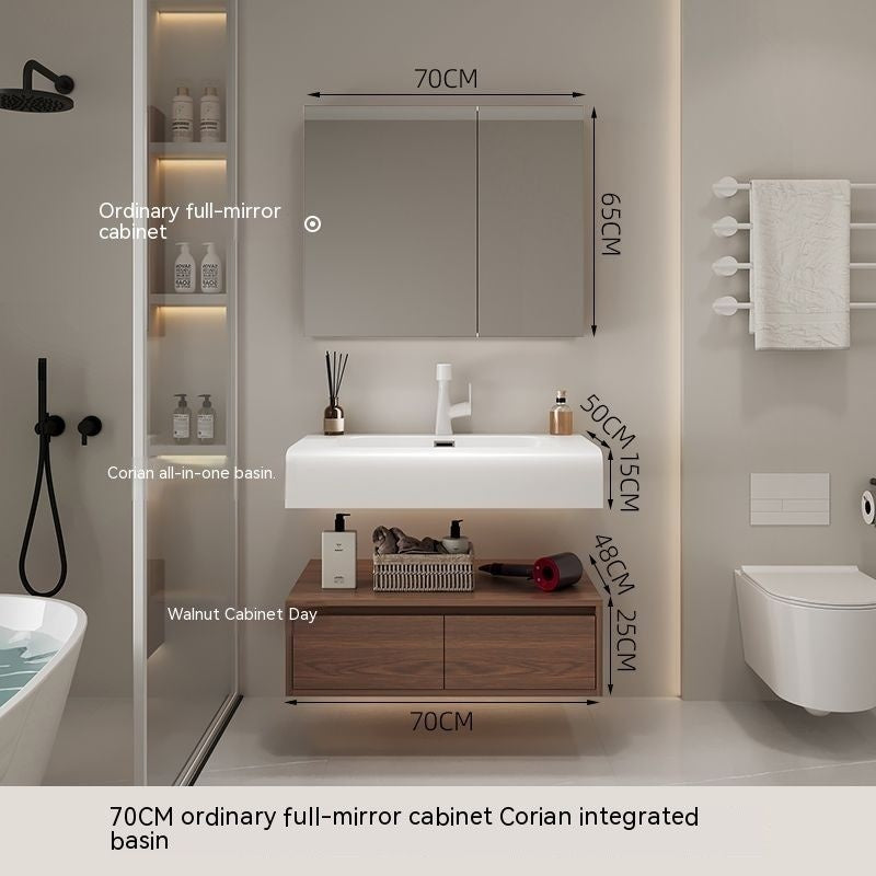 QW- Smart Mirror from Walnut Wood with Integrated Washbasin and Bathroom Storage Cabinet