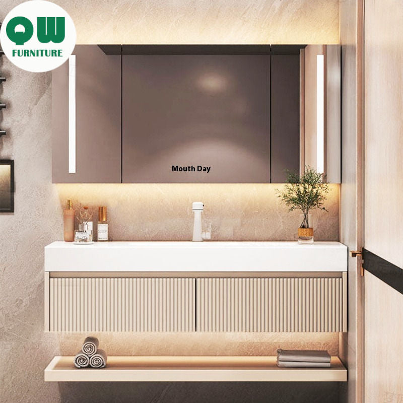 QW- Custom-made Cream Color Luxury Storage Smart Mirror Cabinet Bathroom Basin