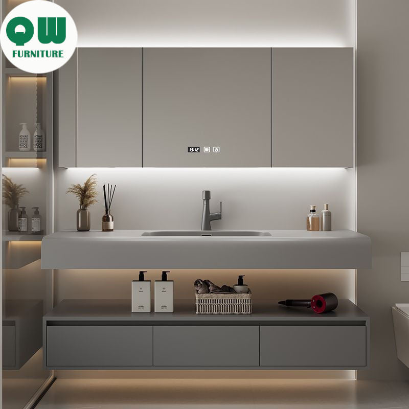 Set Singki Penyimpanan Kayu Asli QW- Kabinet Cermin Pintar di Bilik Mandi 