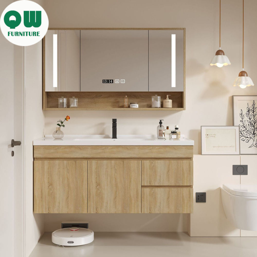 QW- Solid Wood Storage Smart Glass Cabinet, Bathroom Basin, Can Install Water Heater