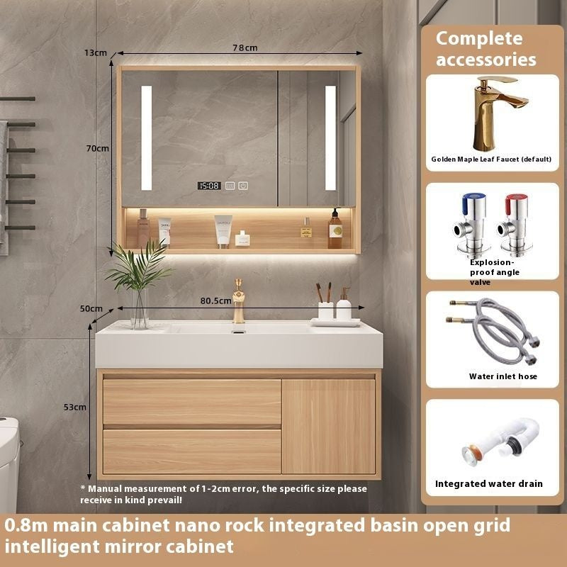 Set Singki Kabinet Penyimpanan Bilik Mandi Cermin Kayu Padu Pintar QW- 
