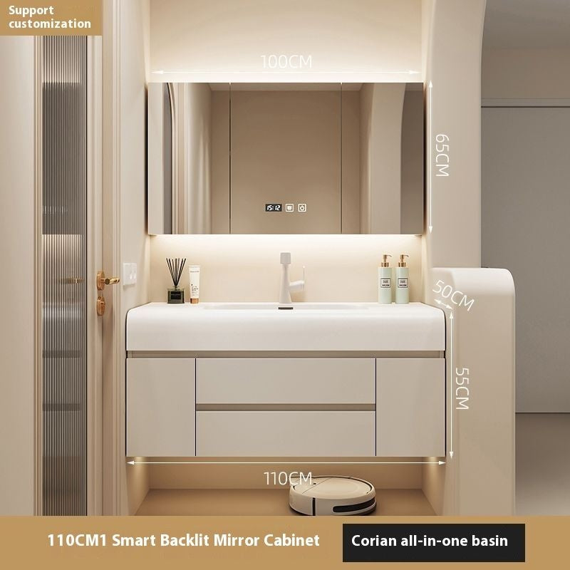 QW- Cream Color Storage Smart Glass Cabinet Bathroom Stone Basin