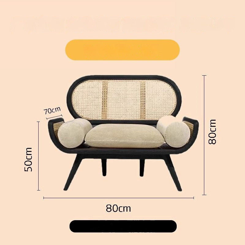 Solid Wood Rattan Woven French Lazy Sofa Living Room Bedroom Balcony Lounge Three-Person Chair