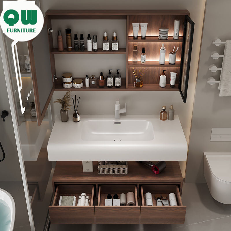 QW- Smart Mirror from Walnut Wood with Integrated Washbasin and Bathroom Storage Cabinet