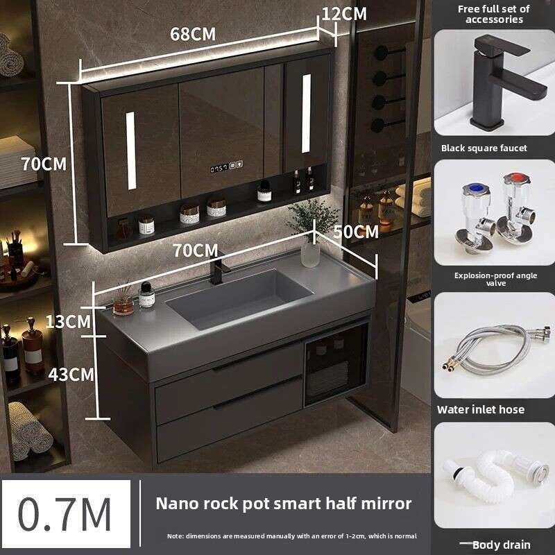 Set Kabinet Penyimpanan Kayu Asli QW- Cermin Pintar di Sinki Bilik Mandi 