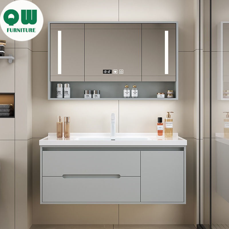 Set Singki Cermin Pintar Kabinet Penyimpanan Kayu Oak QW- di Bilik Mandi
