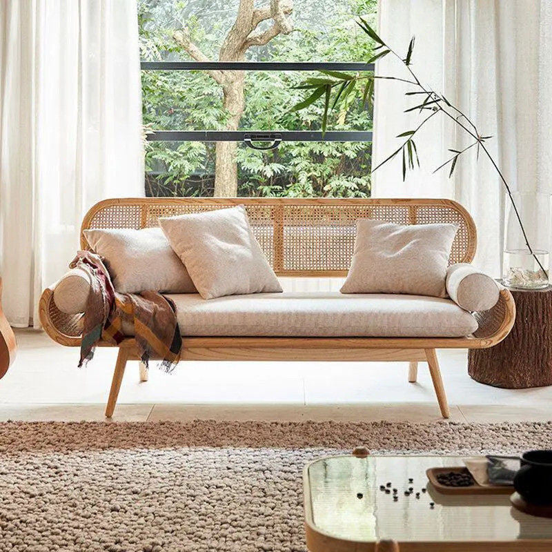 Solid Wood Rattan Woven French Lazy Sofa Living Room Bedroom Balcony Lounge Three-Person Chair