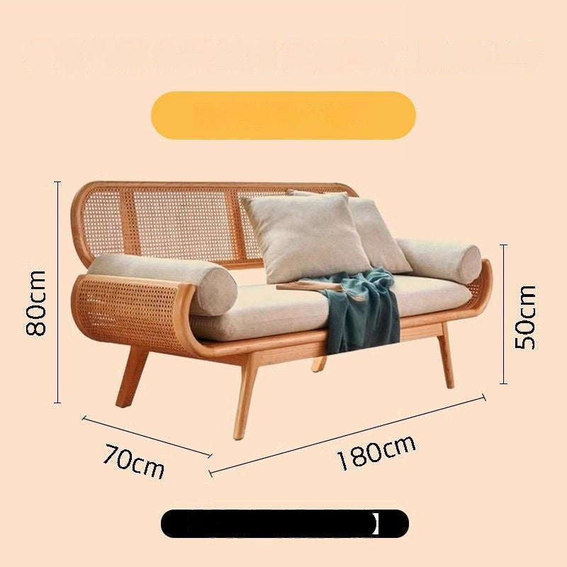 Solid Wood Rattan Woven French Lazy Sofa Living Room Bedroom Balcony Lounge Three-Person Chair