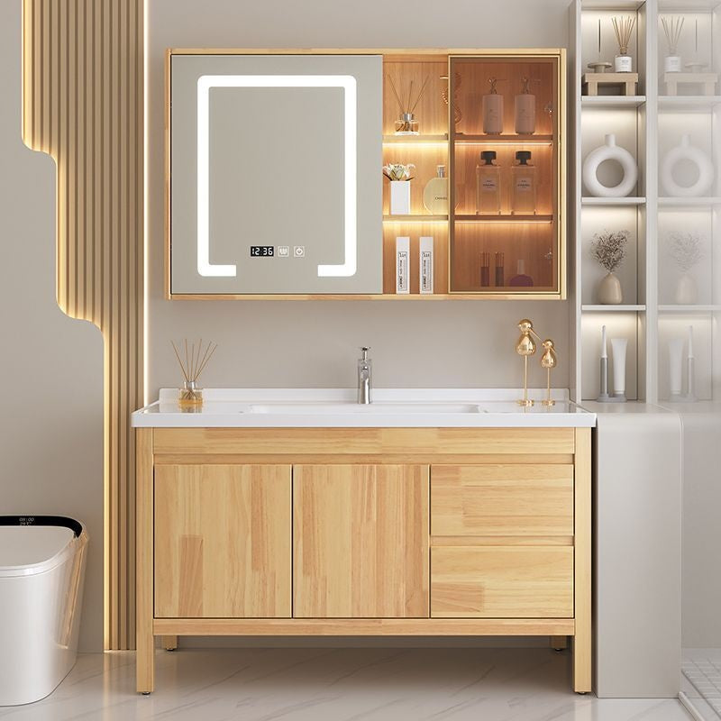 Set Singki Cermin Pintar Kabinet Penyimpanan Kayu Oak QW- di Bilik Mandi 