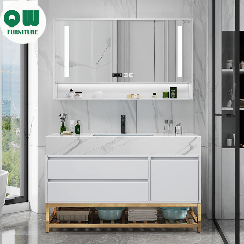 QW- Marble Solid Wood Basin Set Integrated Bathroom Storage Cabinet