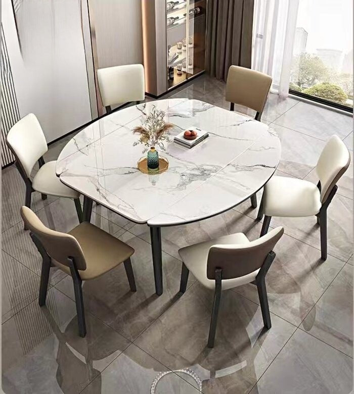 Meja Makan Corak Marmar Elegan BKK Stok Sedia, Kayu Asli, Boleh Kembang, Boleh Dilipat, Moden Segiempat Bulat
