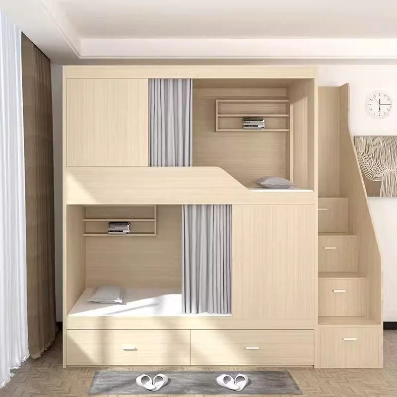 Modern simple, floating bed, upper and lower bunk beds, creative design with drawers.