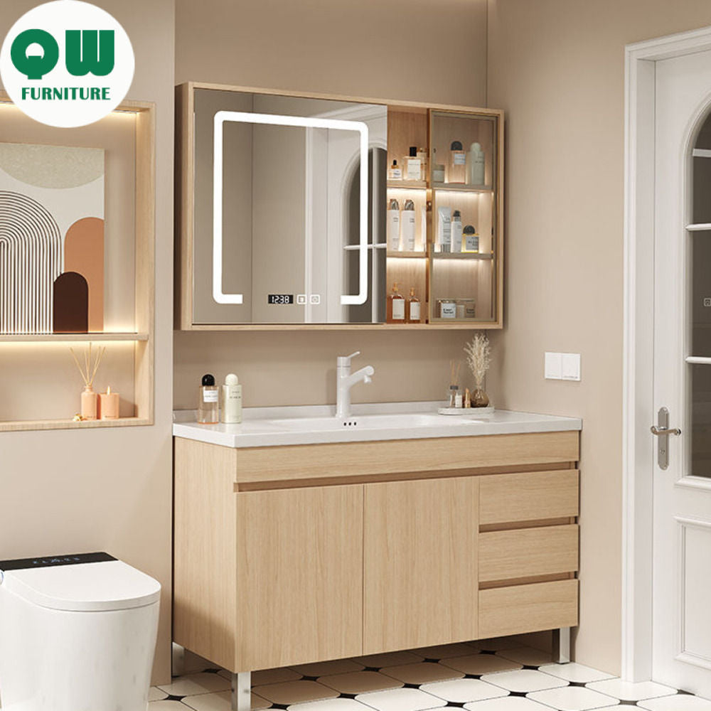 Set Singki Bilik Mandi Kabinet Cermin Pintar Rak Berdiri QW- Kayu Padu Penyimpanan 