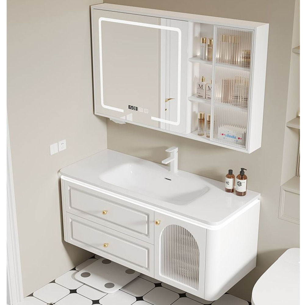 QW- Kabinet Penyimpanan Gaya Krim Perancis Cermin Pintar di Sinki Bilik Mandi 