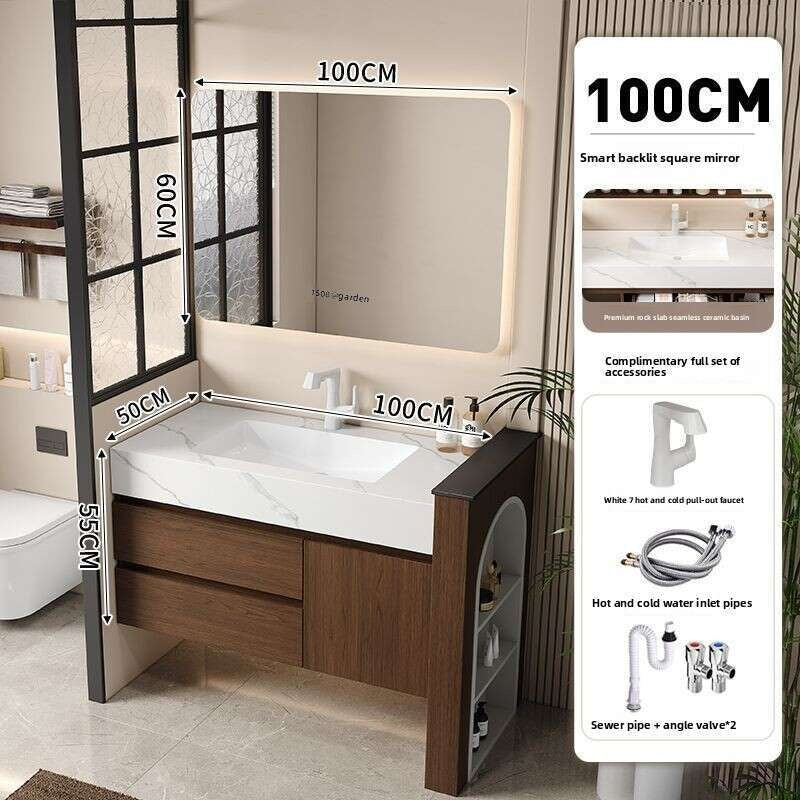 QW- Kabinet Cermin Pintar Penyimpanan Kayu Asli Buatan Sendiri untuk Bilik Mandi, Set Singki Bilik Mandi
