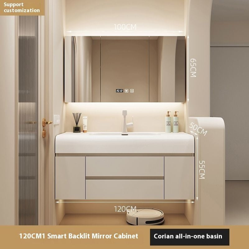 QW- Cream Color Storage Smart Glass Cabinet Bathroom Stone Basin
