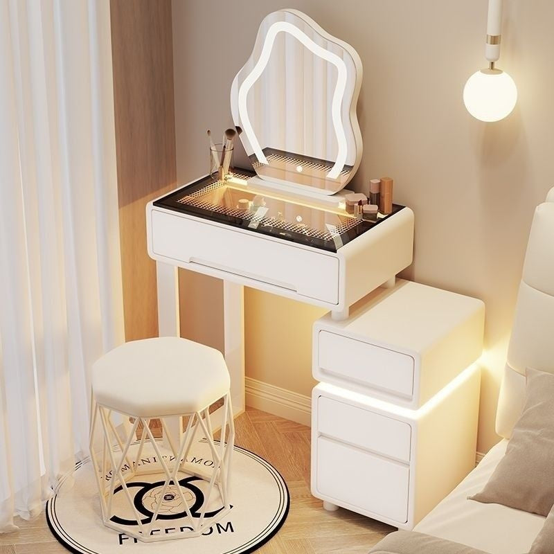 Meja Solek Angin Krim Jenis Kayu Padu Kecil Bilik Tidur Premium Ringkas Moden dengan Kabinet Pintar