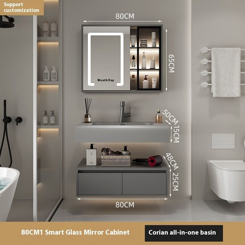 Set Singki Penyimpanan Kayu Asli QW- Kabinet Cermin Pintar di Bilik Mandi 