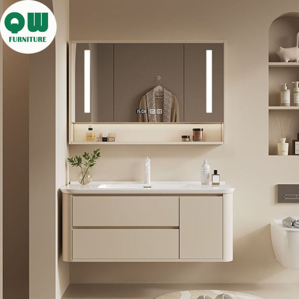 QW- Cream-colored Storage Cabinet Smart Mirror in the Bathroom Sink Set