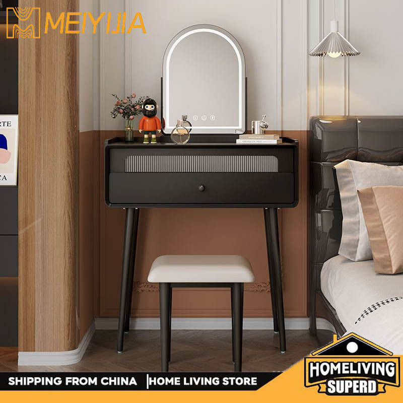 Meja Solek Pelbagai Fungsi Hitam Gaya Perancis untuk Penyimpanan Satu Bilik Tidur dengan Cermin