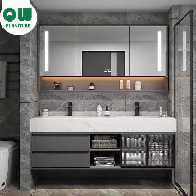 QW- Large Basin Set with Smart Mirror and Real Wood Storage Cabinet for Bathroom