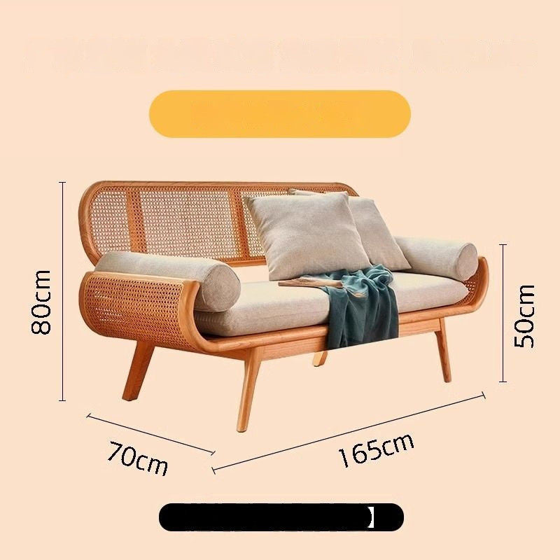 Solid Wood Rattan Woven French Lazy Sofa Living Room Bedroom Balcony Lounge Three-Person Chair