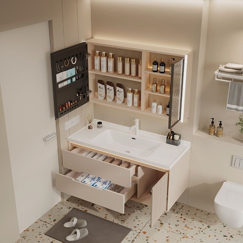 Set Singki Bilik Mandi Kabinet Cermin Pintar Penyimpanan Kayu Padu QW- 