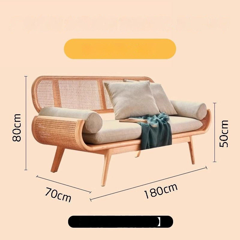 Solid Wood Rattan Woven French Lazy Sofa Living Room Bedroom Balcony Lounge Three-Person Chair