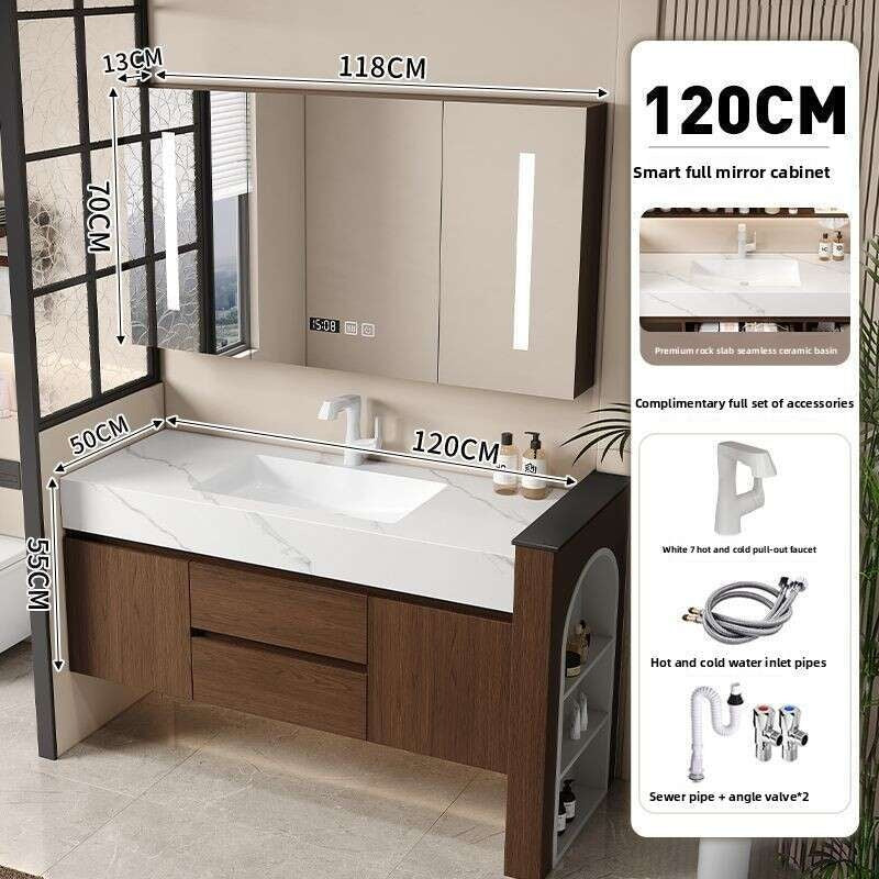 QW- Kabinet Cermin Pintar Penyimpanan Kayu Asli Buatan Sendiri untuk Bilik Mandi, Set Singki Bilik Mandi