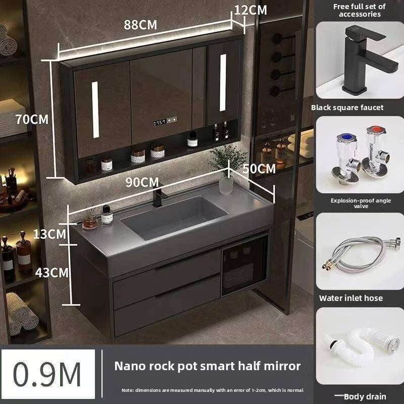 Set Kabinet Penyimpanan Kayu Asli QW- Cermin Pintar di Sinki Bilik Mandi 