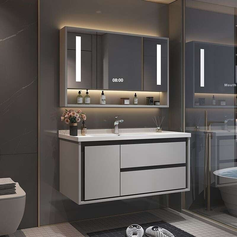 Kabinet Penyimpanan Kayu Oak QW- Set Singki Cermin Pintar di Bilik Mandi 