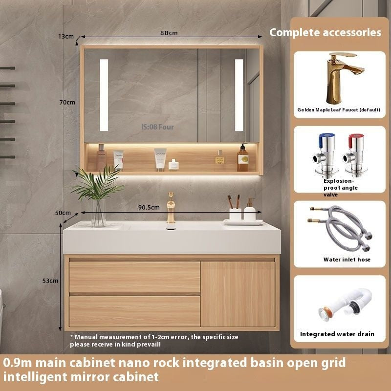 Set Singki Kabinet Penyimpanan Bilik Mandi Cermin Kayu Padu Pintar QW- 
