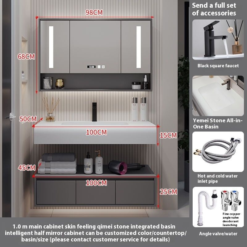 QW- Solid Wood Storage Smart Mirror Cabinet Bathroom Hand Washing Stone