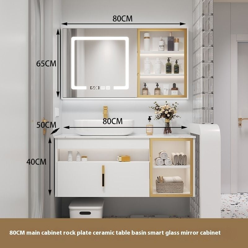 Set Singki Bilik Mandi Kabinet Cermin Pintar Penyimpanan Kayu Padu QW- 