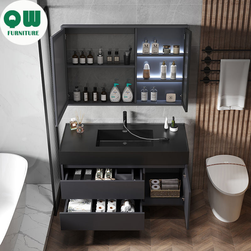 QW- Smart Glass Real Wood Storage Cabinet, Nano Bathroom Sink