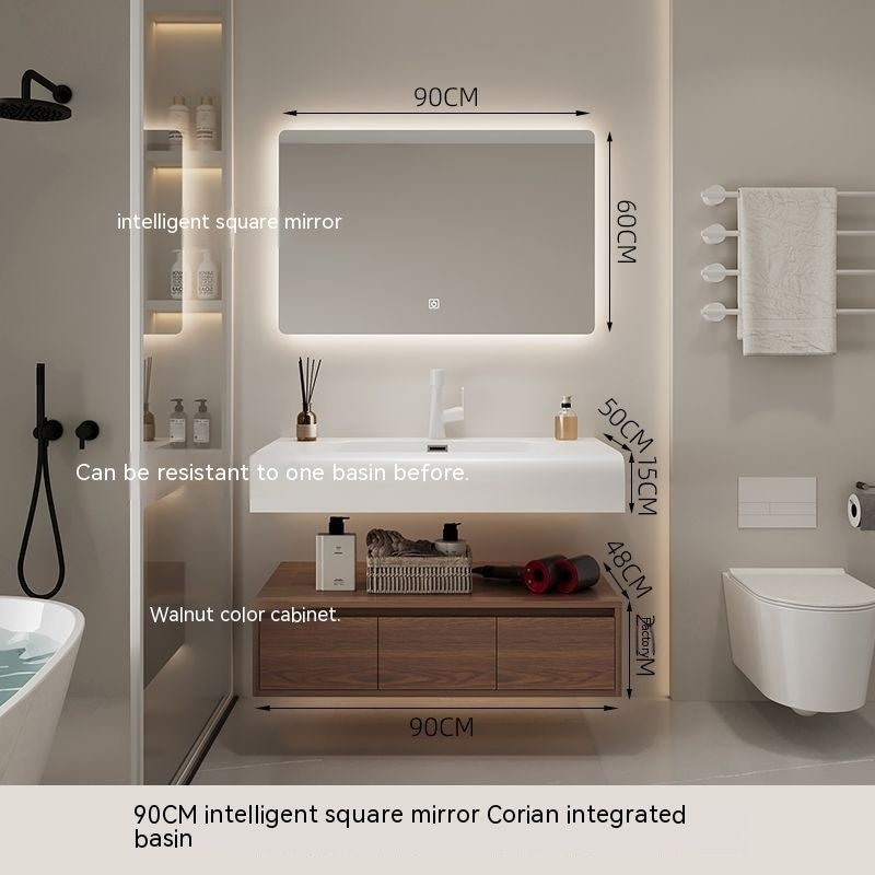 QW- Smart Mirror from Walnut Wood with Integrated Washbasin and Bathroom Storage Cabinet