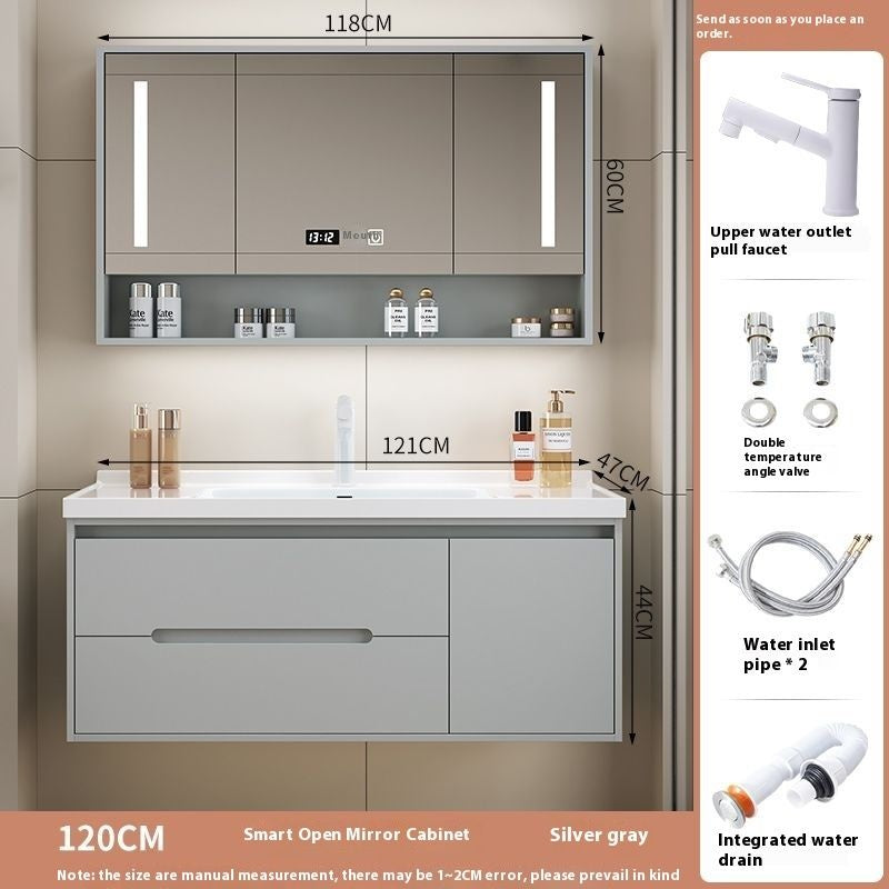 Set Singki Cermin Pintar Kabinet Penyimpanan Kayu Oak QW- di Bilik Mandi