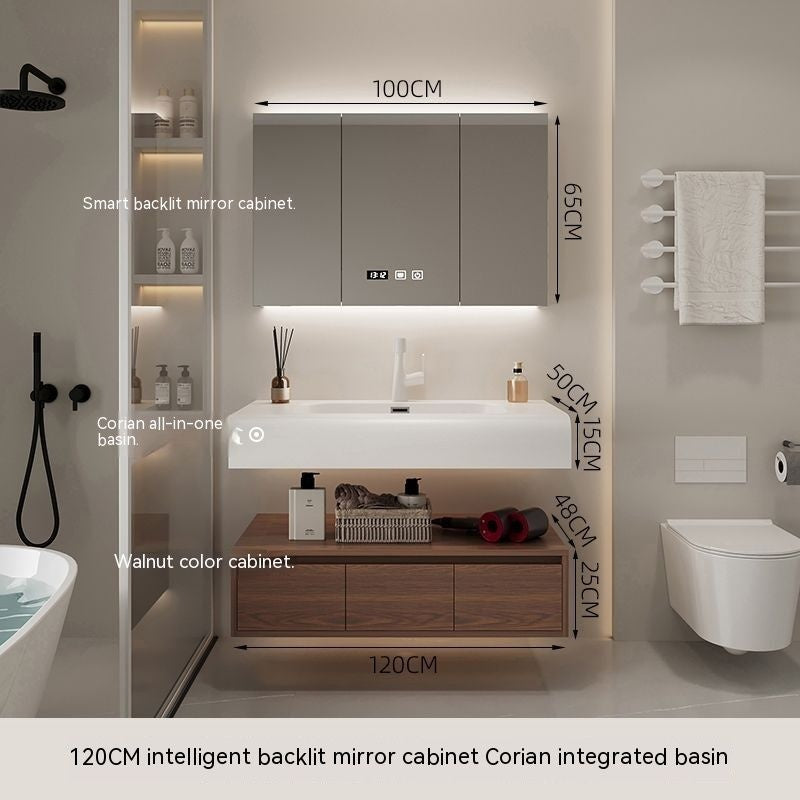 QW- Smart Mirror from Walnut Wood with Integrated Washbasin and Bathroom Storage Cabinet