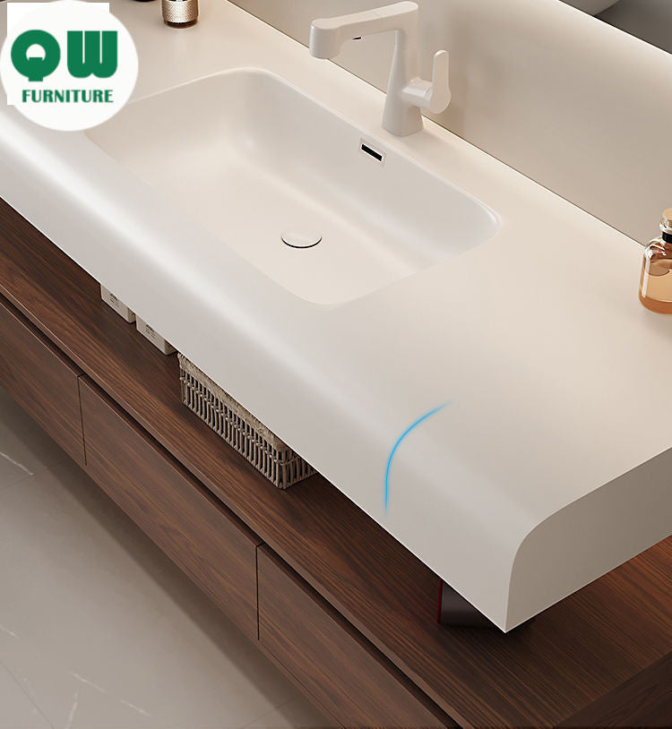 QW- Smart Mirror from Walnut Wood with Integrated Washbasin and Bathroom Storage Cabinet