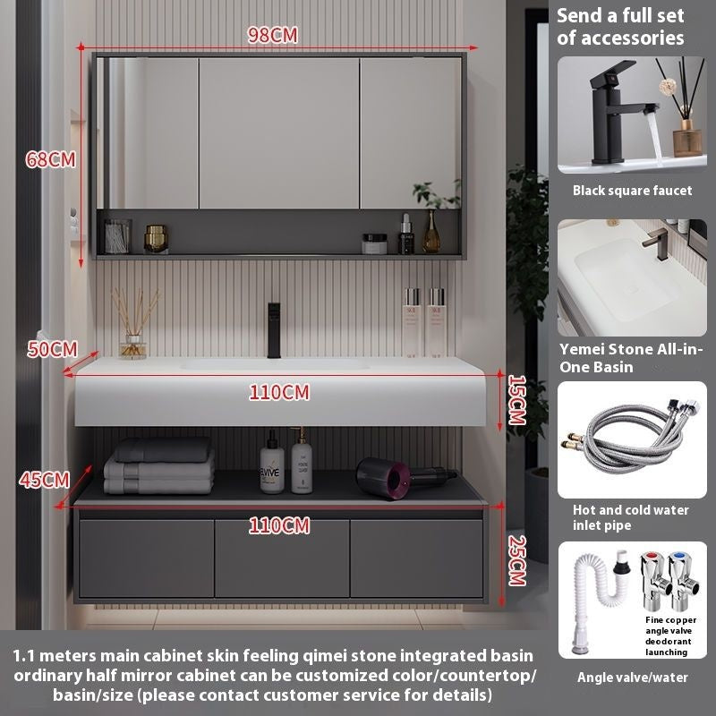 QW- Solid Wood Storage Smart Mirror Cabinet Bathroom Hand Washing Stone